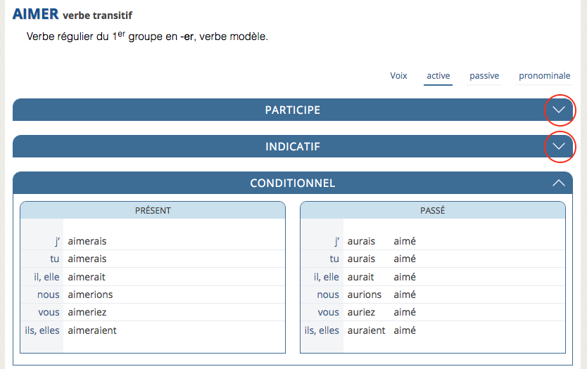 Utilisation des bandeaux pour déplier ou replier les différents modes de la conjugaison