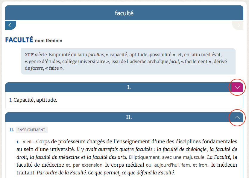 Utilisation des bandeaux cliquables pour replier ou déplier les grandes divisions du texte