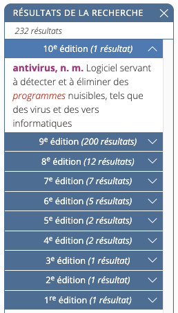 Liste des onglets par éditions dans la liste des résultats Liste des onglets par éditions dans la liste des résultats
